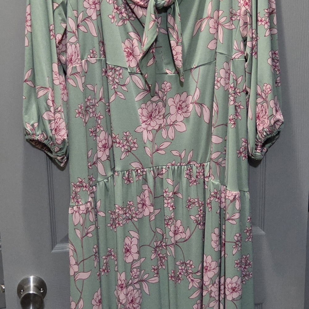 Eloquii Green Dress with Pink Floral Pattern